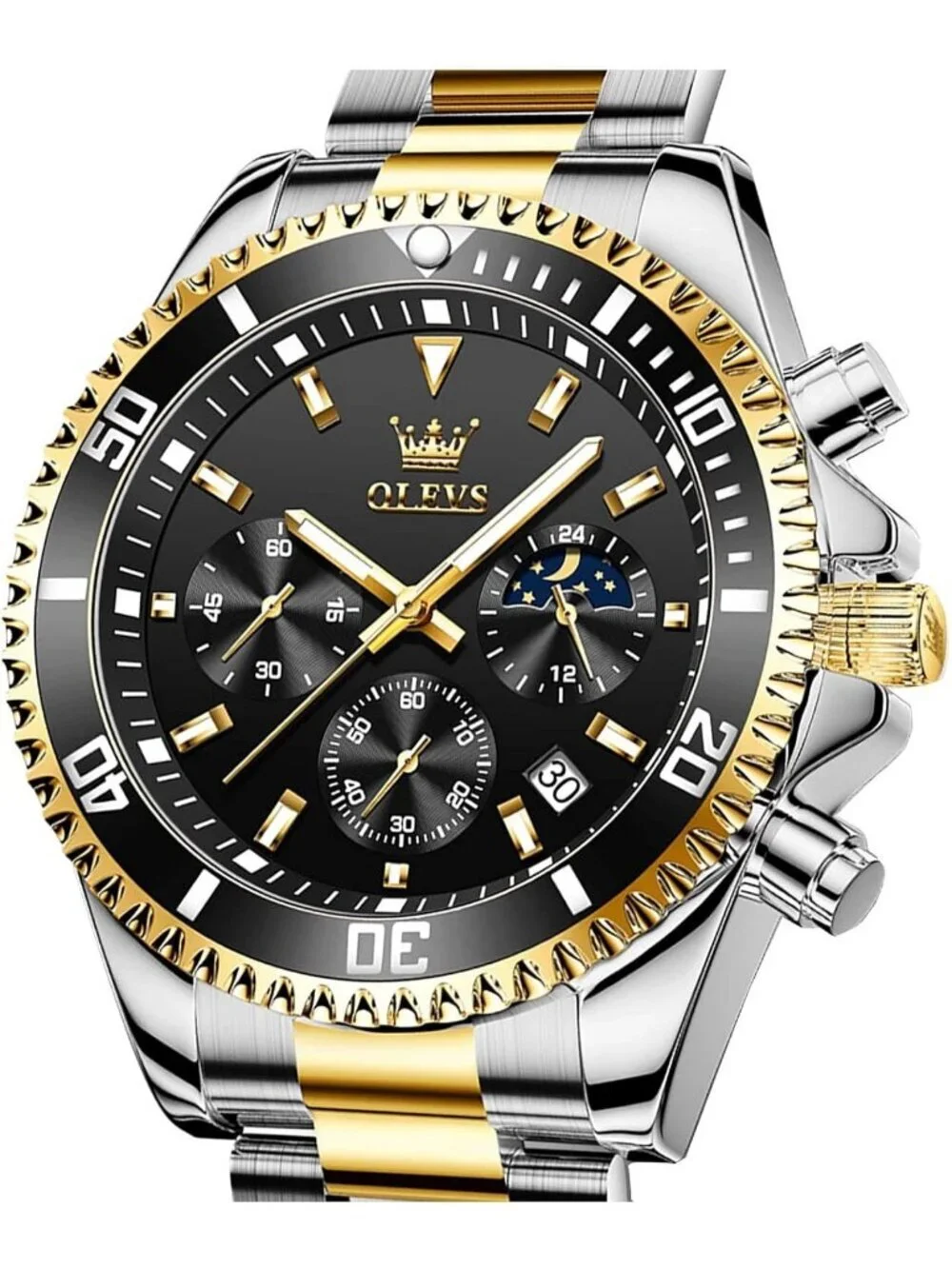 Men's Silver Black Stainless Steel Luxury Chronograph Analog Waterproof Watch